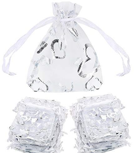 FLOFIA 100X Organzasäckchen Weiß 7x9cm Organzabeutel Hochzeit Säckchen Geschenkbeutel Organza Schmuckbeutel Klein Weihnachten Fest Party Beutel (Weiß-Herz)