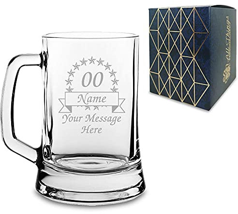 Personalised Engraved Novelty Beer Mug with Ribbon and Stars Birthday Design, Gift Boxed, Personalise for Any Birthday