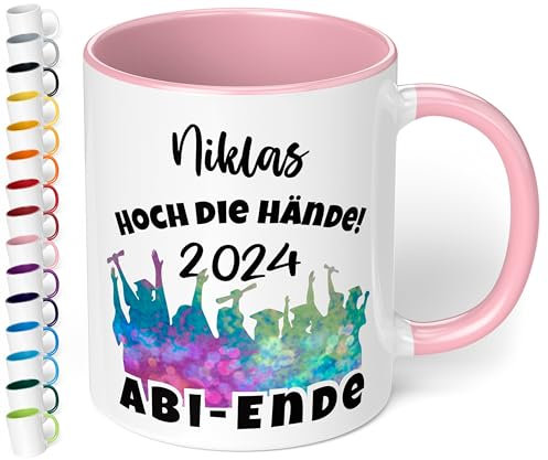Lustige Tasse zum Abitur 2025 mit Namen: „Hoch die Hände - 2025 – ABI-ENDE“ - Kaffeetasse personalisiert - Geschenke zum Abitur, Abschlussgeschenk, Geschenk zur bestandenen Prüfung, Rosa