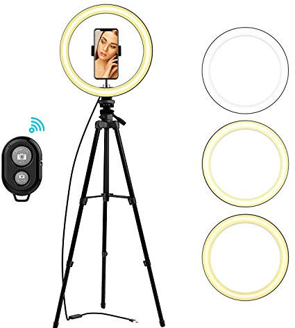 LIERONT 10 Selfie Ring Light with Tripod Stand & Phone Holder for Live Stream/Makeup, Dimmable Led Camera Beauty Ringlight for YouTube TikTok/Photography Compatible for iPhone and Android Phone