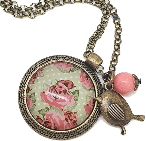By Capucine Collier femme bohème long pendentif roses shabby chic cabochon verre style médaillon – sautoir fantaisie vintage oiseau perle jade rose – bijou artistique romantique original cadeau femme