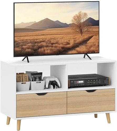 HOMCOM TV Schrank Lowboard mit 2 Ablage, Schublade, 99 cm lang Fernsehtisch für Fernseher, TV Board für Wohnzimmer, Weiß, 99 x 39 x 58,3 cm