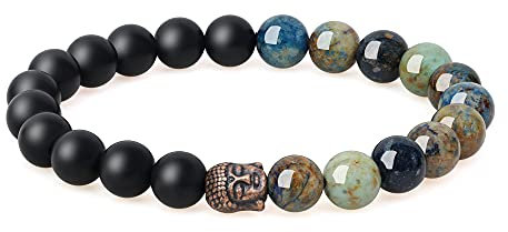 COAI Geschenkideen Unisex Glücksarmband aus Mattem Onyx und Azurit mit Buddha Kopf Charm
