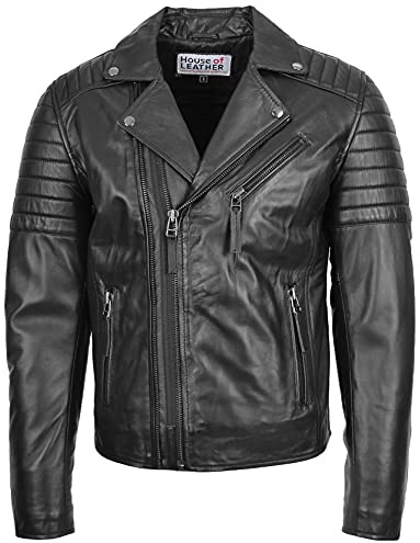 Mens Real Leather Biker Style Jacket Cross Zip Fastening Hook (2XL, Black)