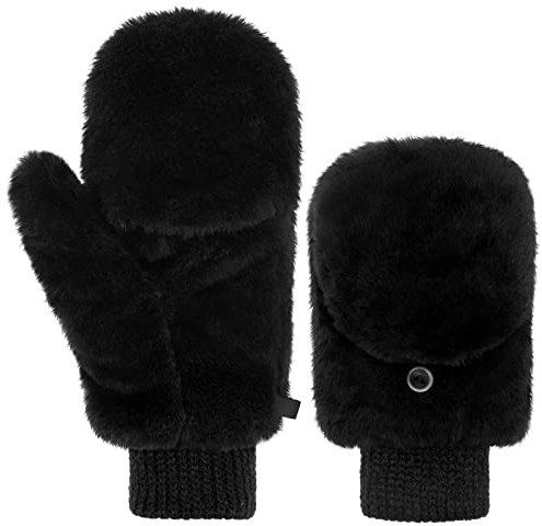 Geyoga Damen Fäustlinge Pelz Winter Handschuhe Warme Kunstpelz Handschuhe mit Flip Weiche Fell Fingerlose Handschuhe (Schwarz)