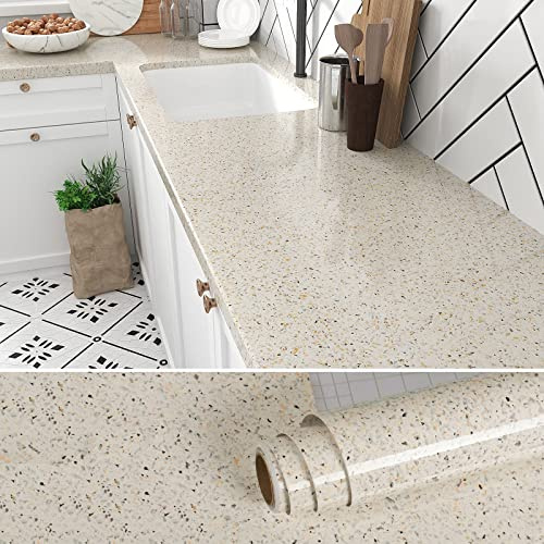 VEELIKE Tapete Granit Beige Klebefolie Terrazzo Beige Klebefolie Arbeitsplatte Küche Selbstklebende Tapete Badezimmer Wasserfest Küchenfolie Rückwand Wandtapete Esszimmer Tisch 40 cm x 300 cm