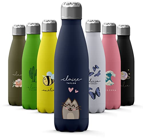 Tirita Personalised Water Bottle - Thermal Travel Flask for Hot & Cold Drinks - Insulated Stainless Steel Bottle - Gym, Office, School Drink Bottles - 500ml water bottle [24- Kitten Cat Hearts Name]