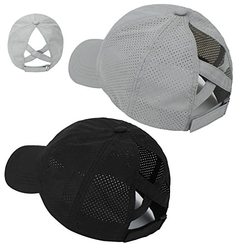 Damen Verstellbare Criss Cross Pferdeschwanz Hut Baseball Cap Schnell Trocknend Leicht UV-Schutz für Outdoor Sport, Schwarz & Hellgrau, 6 7/8-7 1/2