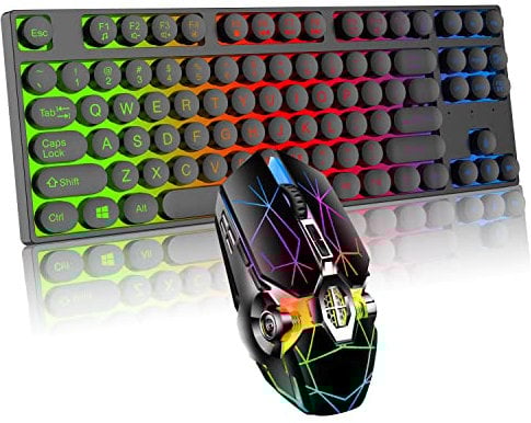 Yrhrol Mechanical Feel Gaming Keyboard and Mouse Combo, 87 Key Retro Punk Typewriter-Style,Rainbow Backlit Keyboard,Cool Breathing Light Lightweight Gaming Mouse for Game and Office (Black)