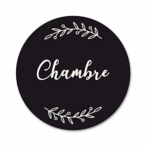 Plaque de Porte Autocollante PVC Gravé Noir Blanc Ronde. Décoration de Porte toilettes, buanderie, chambre...