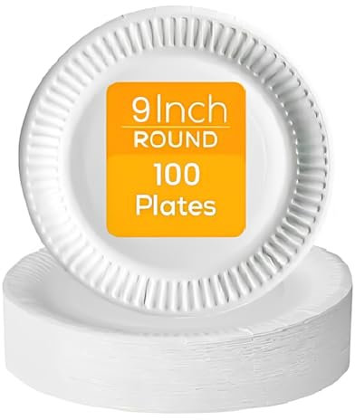 White Paper Plates 100 Pack 9 (23cm) Disposable Bagasse Dishes for Hot and Cold Food Ideal for Kids Parties Wedding Baby Shower Catering