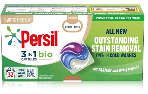 Persil 3 in 1 Bio Washing Capsules laundry capsules for a powerful clean 1st time with recyclable, plastic-free box* 3x 32 capsules (96 washes)