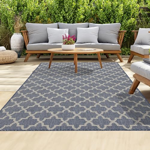homeart Outdoor Teppiche | leicht zu reinigende Teppiche für Veranda, Deck, Balkon, Garten, Picknick, Küche, Flur | UV- und wetterbeständig, großer Terrassenteppich, D. Blau Creme, 80 x 150 cm