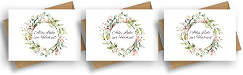 Friendly Fox Hochzeitskarte, 3x Karte zur Hochzeit mit Blumenkranz Motiv, Alles Gute zur Hochzeit, DIN A6 Karten inkl. Umschläge