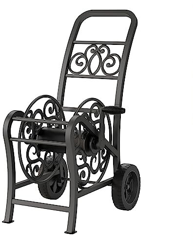 Suncast Dekorativer Metall-Schlauchwagen mit flachen Rädern und Fußkappen, stilvoller Gartenschlauchtrommel für 4,5 m Standard-Vinyl-Schlauch