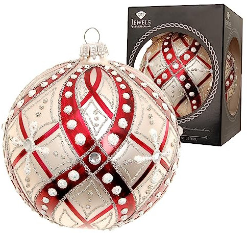 Krebs Glas Lauscha - Weihnachtsdekoration/Christbaumschmuck aus Glas - Weihnachtskugeln - Farbe: Rot/Silber - verziert mit Strasssteinen - Größe: 10 cm