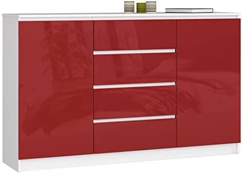 BDW Kommode Hochglanz mit 4 Schubladen und 2 Türen für Schlafzimmer, Wohnzimmer, Flur, Büro - Modernes Design - Aufbewahrungsmöbel - Geräumige Kommode - 160 x 99 x 35 cm - Weiß-Rot