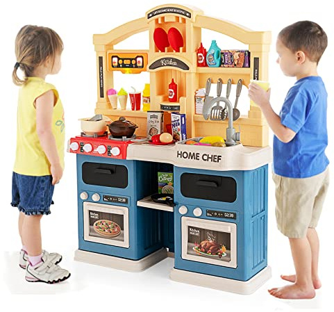 DREAMADE Cuisine Enfant de 42 Pièces avec Effets de Vapeur & Cuisson, Jeu de Cuisine avec Évier & Robinet & Plaque de Cuisson & Four, Effets Sonores & Écoulement d'eau Réaliste pour 3+ Ans (Bleu)