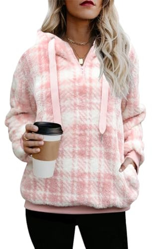 ReachMe Chandail à capuche surdimensionné Sherpa avec poches pour femme – Sweat en polaire pelucheuse à carreaux de buffle, Un plaid rose poudré, Medium