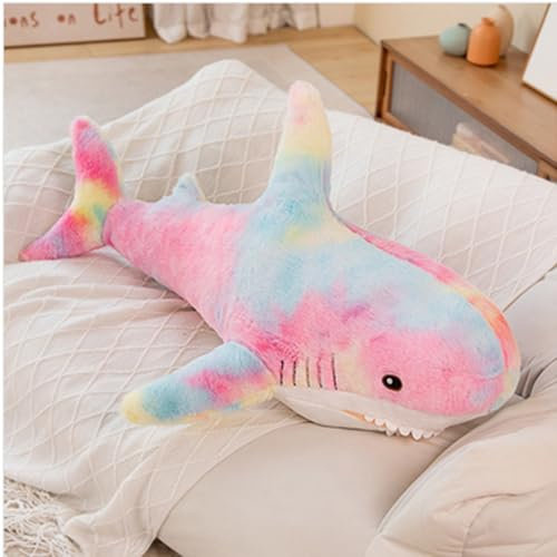 OUKEYI 90cm Riesenhai Stofftier Kissen, weiches Hai Spielzeug Großer Hai Plüschkissen für Kinder, bequemes Schlafkissen Rückenkissen Puppe Geschenk für Kinder (schillernde Farben)