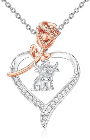 PROESS Collier Vache Highland 925 argent sterling Bijoux Vache Highland écossaise avec fleur rose Pendentif Vache Highland moelleux Cadeaux pour les femmes filles amatrices de vaches