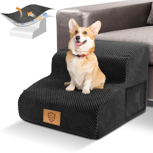 Hundetreppe für Kleine Hunde, HEVOL Hundetreppe 2 Stufen, Rutschfestem Katzentreppe für Alte Katzen, Haustiertreppe Sofa mit Waschbarem Bezug, Schwarze
