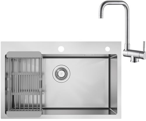 CECIPA 70 x 45 CM Fregadero Cocina 1 Seno con Grifo Cocina Abatible, Fregadero Multifuncional Inox con Escurridor