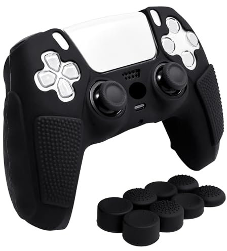 HLRAO Schwarz Anti-Rutsch-Skin für PS5 Controller, weiche, verdickte, mit Nieten besetzte Schutzhülle aus Silikon, kompatibel mit PS5/Slim/Pro Controller mit 8 Daumengriffkappen.