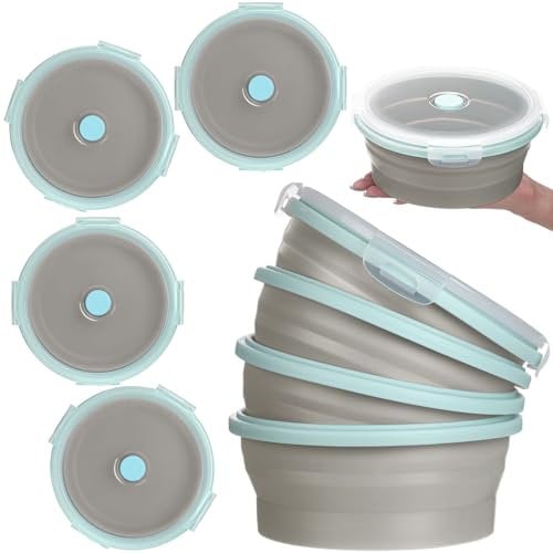 Suclain Lot de 4 bols de camping avec couvercle - Bol à déjeuner pliable en silicone - Bol à salade extensible - Bol de voyage pliable pour la randonnée et la chaleur (bord bleu, gris, 1,2 l)