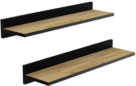 Wandregal, Schweberegal (2 Stück), stabile Wandboards, 60 cm Hängeregale, mit unsichtbaren Halterungen, für Bad, Schlafzimmer, Küche, Büro, Wohnzimmer, Eiche mit schwarz Wandleiste, Schwarz Finish
