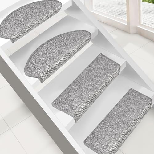 Floordirekt Stufenmatten Kalkutta | Halbrund oder Eckig | Sisaloptik | Treppenmatten | Luxeriös & strapazierfähig | Stufenteppich für Innen Silber Halbrund 65 x 23,5 cm