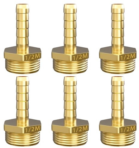 Atisite Raccords Cannelé Tuyau en Laiton 10mm Barb x 1/2 Pouce Filetage Extérieur, Raccord de Tuyau Fileté avec Hexagonal, Douille de Tuyau pour la Conversion de Tuyau(Lot de 6)