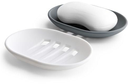 Oamwrae 2pcs Silicone Soap Dish with Drainage, Non-Slip and Portable Holder for Bathroom, Shower, Kitchen (Grey & White)
