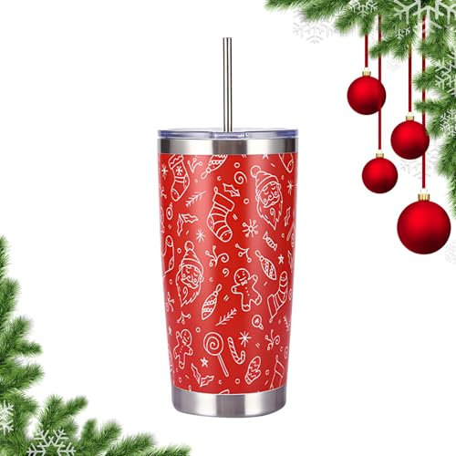 Satiskid Gobelet de Noël avec couvercle et paille en acier inoxydable - Tasse de voyage isotherme à double paroi avec éléments de Noël et brosse de nettoyage - Thermos pour garder au chaud / café