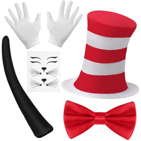 AUYAO Set per Costume del Famoso Gatto che Indossa un Cappello, Kit Bambini Gatto in Cappello a Strisce Rosse e Bianche con Papillon, Guanti e Coda di Gatto Adatto per Giornata Mondiale del Libro