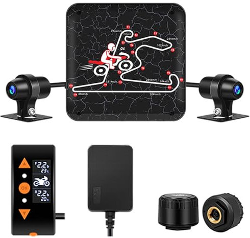 VSYSTO WiFi Motorrad Dash Kamera, OLED Kabelcontroller, Reifendrucksensoren, Parküberwachung,GPS 1080P SONYIMX307 150° Weitwinkel Vorder und Hinterkamera Motorrad DVR System,Loop Aufzeichnung,G-Sensor