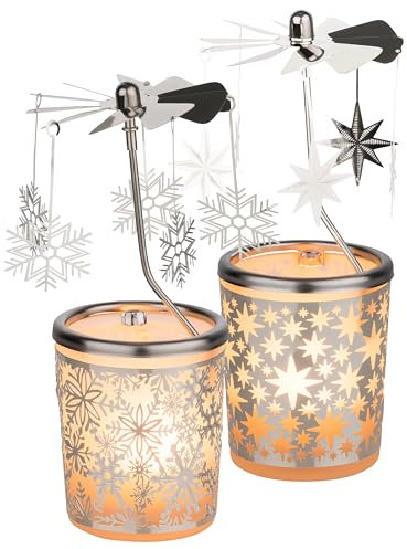 Set aus 2 WINDLICHTERN mit KARUSSELL [Schneeflocke & Sterne Motiv] – Teelichthalter für Advent & Weihnachten – Stimmungsvolle Deko mit Sich drehendem Karussell – Inklusive Teelicht