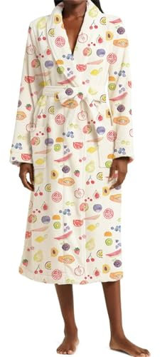Generico Vestaglia Donna Invernale Pile Lunga Con Stampa Floreale di Frutta, Accappatoio Caldo, Asciugamano Lungo, Tasca, Fantasia (White, S)