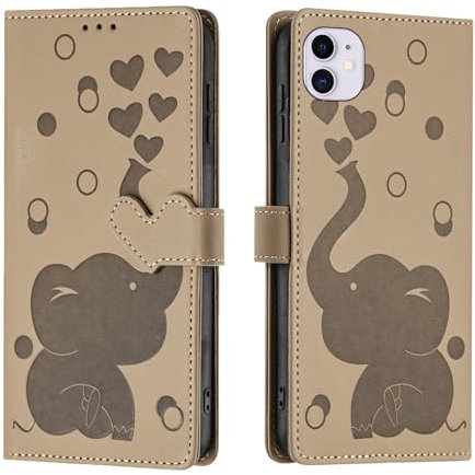 Wuhaizher for iPhone 11 Case Elephant Love Heart Shockproof Leather Flip Wallet Phone Case for Kids Girls with Card Holder Stand Magnetic Protect Cover for iPhone 11, Khaki