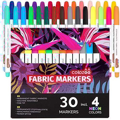 colozoo penne per tessuti lavabili in lavatrice | (30 colori) inclusi 4 colori fluorescenti UV-NEON | Per magliette, jeans, scarpe, cotone, pelle, poliestere e altro ancora