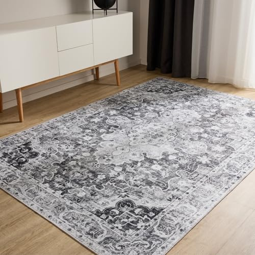 benuta Basic Waschbarer Teppich George - Anthrazit 200x300 cm - Kunstfaser - Rechteckig & im Style: Vintage, Elegant, Retro - Pflegeleicht für Wohnzimmer Schlafzimmer