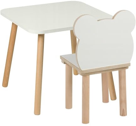 PlayPals Furniture Kindertisch mit Stühlen- Kinder Tisch Stuhl Set aus Holz, 50 x 50 cm- natürliche Sitzmöbel Holz für Kinder- Kinderstuhl-Set Teddybär