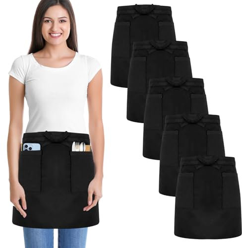 WenYa 5 Pack Black Waterproof Waist Apron for Waiters and Waitresses, Half-Length Unisex Server Aprons with 2 Pockets, Durable & Easy-Clean for Kitchen, Cooking, Restaurant, Cleaning, Gardening