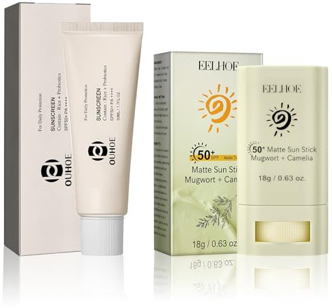 Kit de Protection Solaire Coréenne – Stick Solaire SPF50+ + Crème Solaire au Riz, FPS 50+, Effet Mat, Résistant à l’Eau, Non Gras, Soin pour Tatouages, Quotidien et Post-Exposition