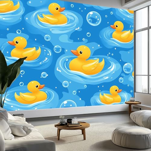 Papier Peint Panoramique Canard Ondulé Style Dessin Animé, Papier Peint Poster Mural Géant Bleu, Fresque Murale Moderne Personnalisée pour Salon Chambre d’Enfants Restaurant, 450 x 315 cm (L x H)