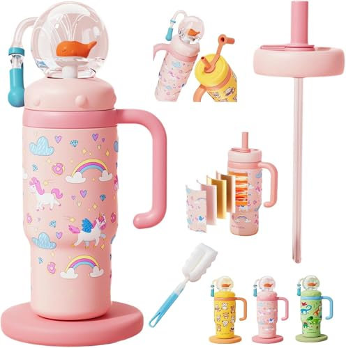 Usper Whale Fountain Water Bottle Tumbler, Drinking Cup with Whale Squirt, 24oz Stainless Steel Whale Fountain Tumbler with Handle Travel Tumblers for Kids and Adults (B Pink, 710ml)