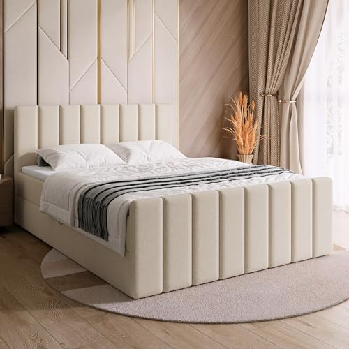 BROMARKT Boxspringbett mit Matratze 160x200cm Bett mit Topper Beige | Polsterbett mit Bettkasten Doppelbett mit Stauraum für Schlafzimmer gepolsterte Kopfteil Bed Bonell H3 DENVER DUO