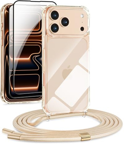 DiDaDi 4 in 1 Handykette Set Für iPhone 17 Pro Max Hülle mit Band Transparente Handyhülle Abnehmbare Schutzhülle mit Lanyard, 2X Panzerglas, Necklace Handyhülle (Gold)
