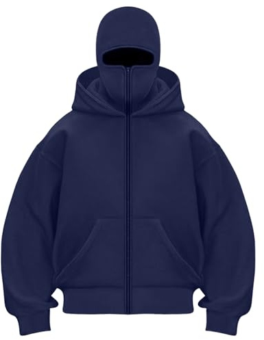 Balaclava Zip Hoodie Herren Damen Einfarbig Ninja Kapuzenpullover Warm mit Gesichtsmaske Sturmhaube Casual Hoodie mit Reißverschluss und Tasche Lockeres Sweatjacke Y2K Tops Mask Jacke Sweatshirt