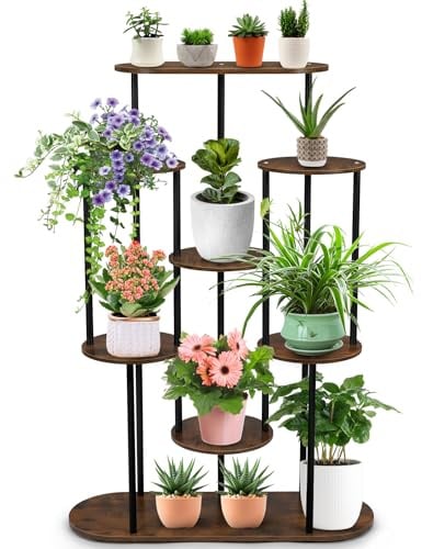 Scaffale per piante a 8 ripiani, portafiori in metallo e legno alto 105 cm, supporto salvaspazio per piante da interno, soggiorno e balcone, stabile, moderno e decorativo